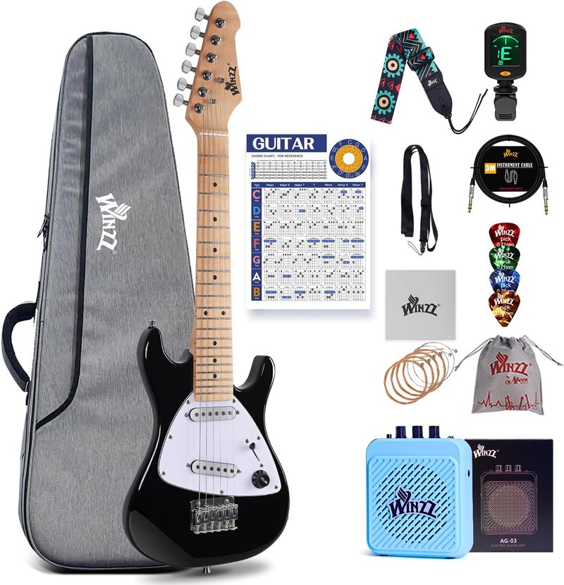 Winzz 30 Inch Kids Electric Guitar Beginner Kit, Junior 1/4 Size Mini Electric Guitar for Children Complete Stater Set with Amp, Gloosy Black Colour - Image 1